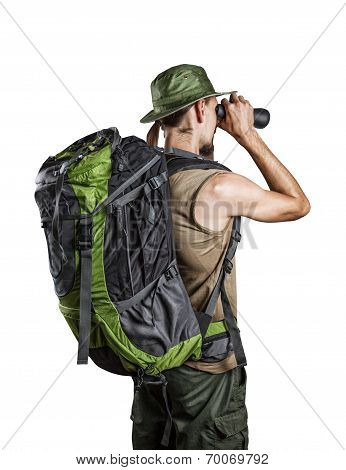 Tourist With Binocular Isolated On White