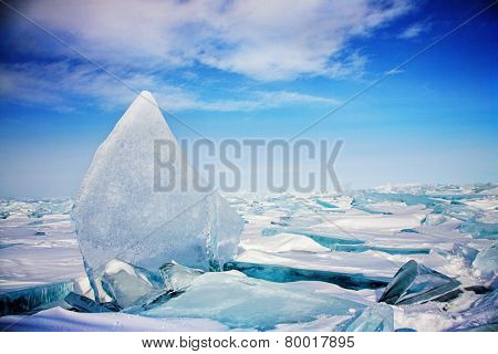 ice hummock at frozen baikal lake in winter