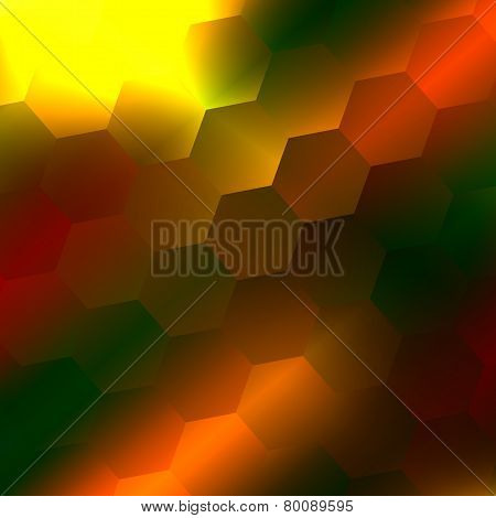 Abstract blurry background. Yellow orange green hexagons. Polished warm colours. Repeating tile.
