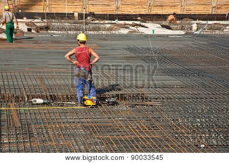 Workers Are Doing The Armoring At The Building Site To Stabilize The Fundament