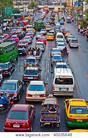 Main Road In Bangkok In Afternoon Traffic Jam Near The Central Shopping Center