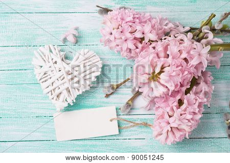 Postcard With Hyacynths, Willow , Heart And Empty Tag