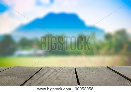 Defocused And Blur Image Of Terrace Wood And Scenery View Point