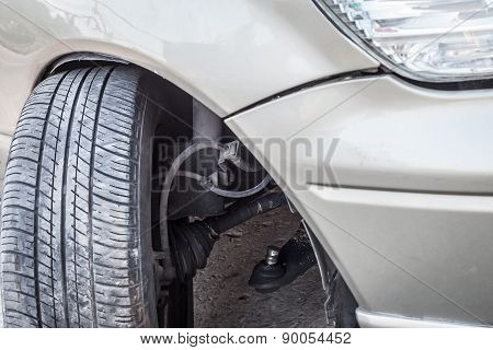 Car Crash Accident, Impact To Front Wheel Axle And Bumper Is Broken Cannot Drive, Insurance Safety C