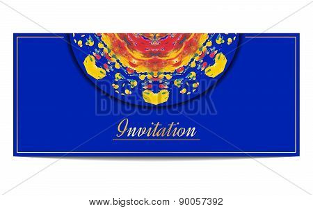 Invitation orr greeteng card with half circle ethnic ornament on blue background