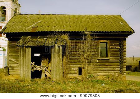 Porch of the empty wooden house in Russian village