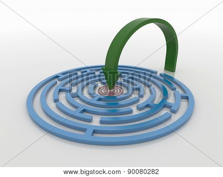 Maze Labyrinth 3D Render With Green Arrow To Target