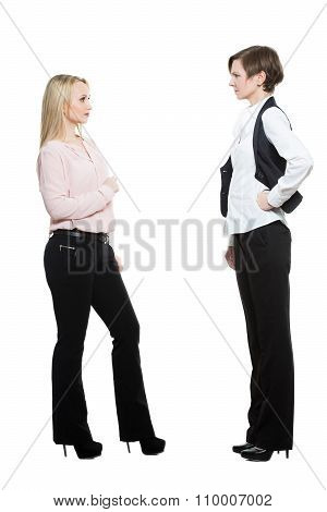 two businesswomen, isolated on white background. body language, gestures psychology. paired gestures