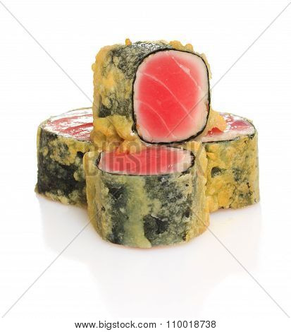 Deep-fried Japanese Tempura Tuna Roll Isolated On White Background With Shadow. Japanese Cuisine.