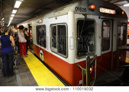BOSTON - OCT 3, 2013: Boston Metro (MBTA) Red Line stops at Alewife Station, Cambridge in Boston Massachusetts, USA.