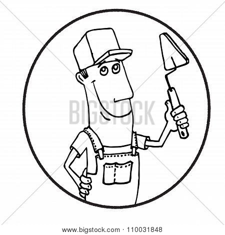 Cartoon Worker With Tool  Circle Logo