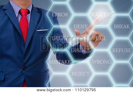 business man in blue suite touch virtual screen button