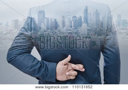 double exposure of business man fake sign with modern city background business concept