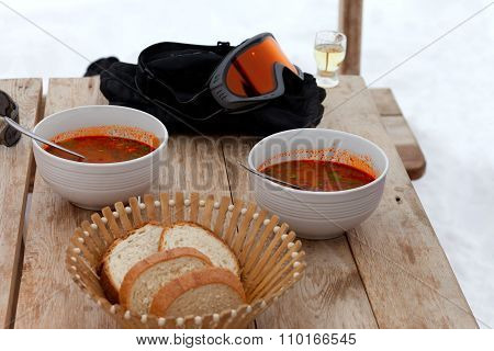 Lunch At Georgia Ski Resort, Kharcho And Chacha