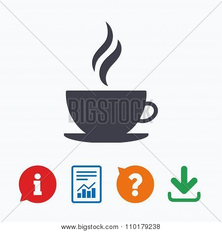 Coffee cup sign icon. Hot coffee button.