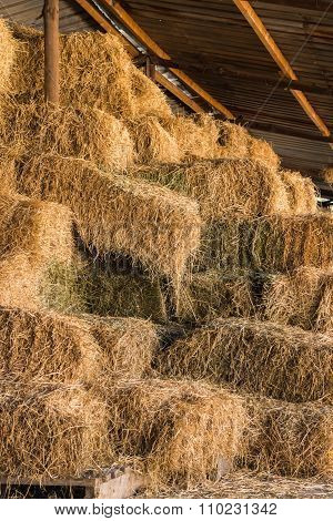 Hay Bales Stacked High In A Barn