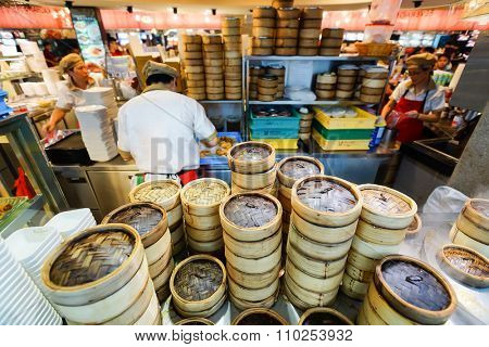 SINGAPORE - NOVEMBER 08, 2015: interior of food court of The Shoppes at Marina Bay Sands. The Shoppes at Marina Bay Sands is one of Singapore's largest luxury shopping malls
