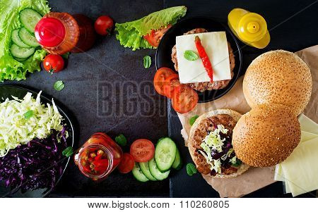 Sandwich Hamburger With Juicy Burgers, Cheese And Mix Of Cabbage. Top View