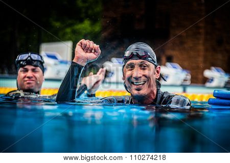 Happy Freediver Celebrating The Succes Of His First Place And Record.