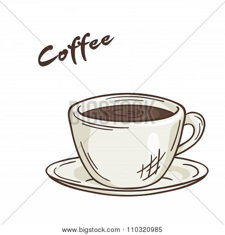 Vector Printable Illustration Of Isolated Cup Of Coffee With Label
