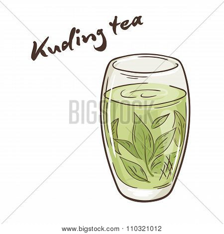 Vector Printable Illustration Of Isolated Cup Of Kuding Tea With Label