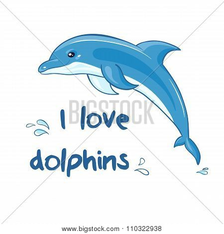 vector hand drawn printable illustration with jumping cartoon dolphin and splash. Can be printed on