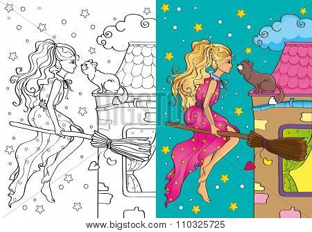 Coloring Book Of Pretty Witch Flying On Broomstick