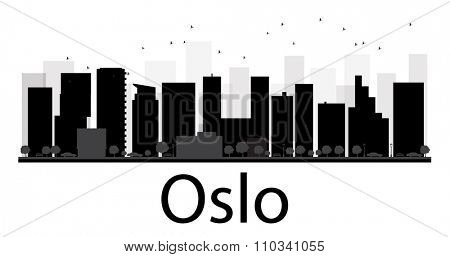 Oslo City skyline black and white silhouette. Simple flat concept for tourism presentation, banner, placard or web site. Business travel concept. Cityscape with famous landmarks
