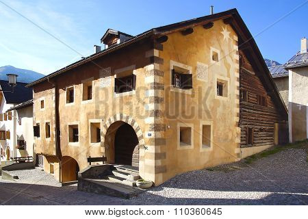Ancient Chesa Rageth In Historic Medieval Old Town.