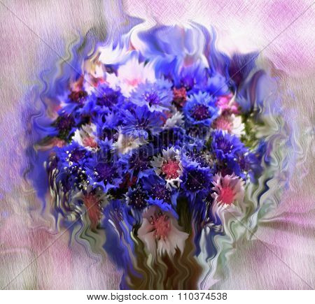 Floral Background With Stylized Bouquet Of Cornflowers On Grunge Stained And Striped Backdrop In Pas