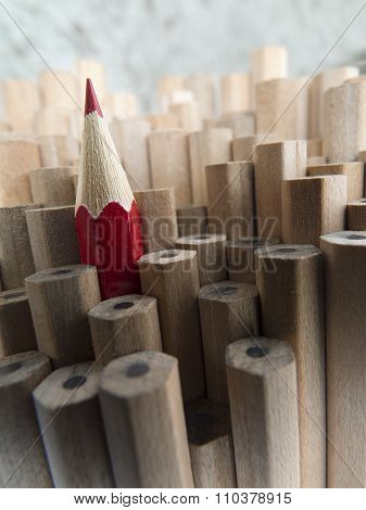 Close Up Of Identical Graphite Pencils And One Different Red  Crayon