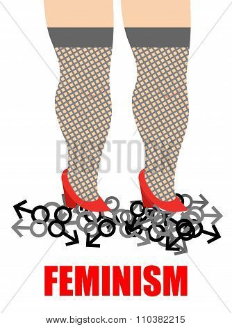 Feminism. Womens Feet Trampling Men Sign. Illustration For Womens Movement,  Aim Of Which Is To Elim