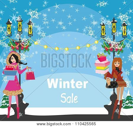 Beautiful Girls On Winter Shopping - Card