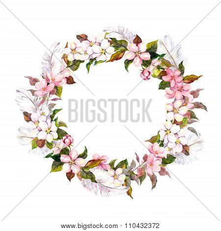 Vintage border wreath with blossom flowers -herry, apple flower and feathers. Retro water color in s