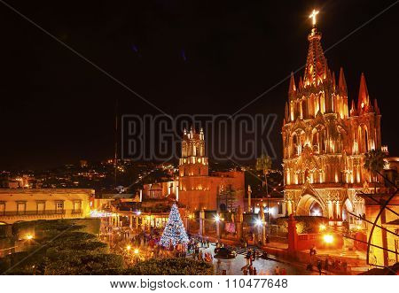 Parroquia Jardin Archangel Church Night San Miguel De Allende Mexico