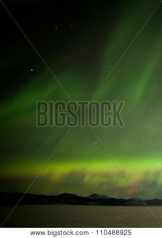 Northern Lights Dancing Over Frozen Lake Laberge Yukon Canada