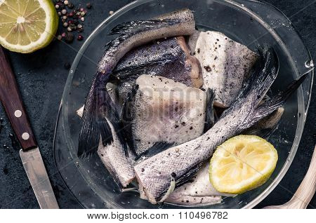 Pieces Of Fish Pollock In Glassware