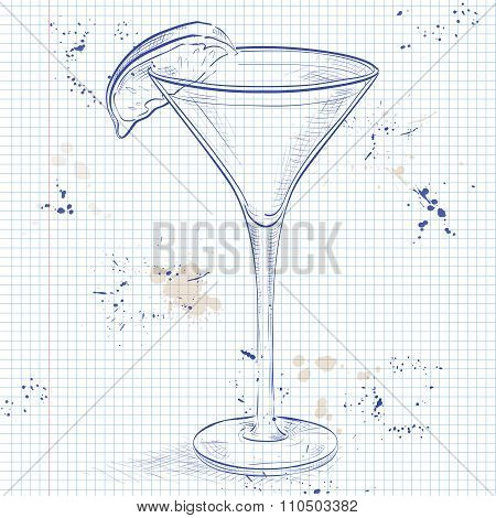 Kamikaze alcohol cocktail, consisting of Vodka, orange liqueur, lime on a notebook page