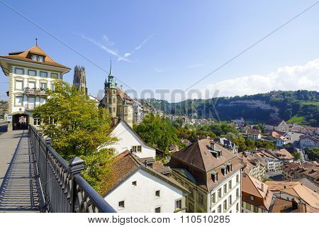Fribourg Cityscape Seen From The Bridge