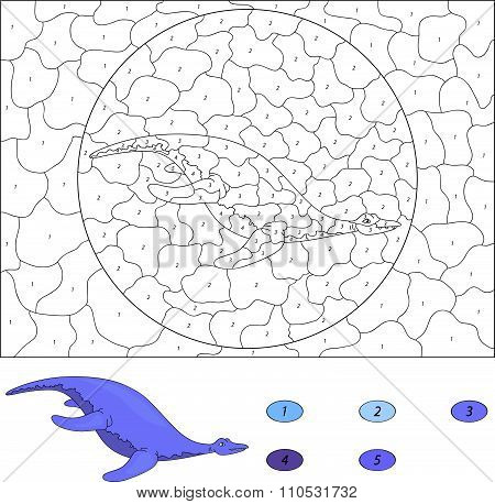 Color By Number Educational Game For Kids. Cartoon Pliosaur. Vector Illustration