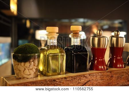 Styling set of spices and seasonings on the restaurant table