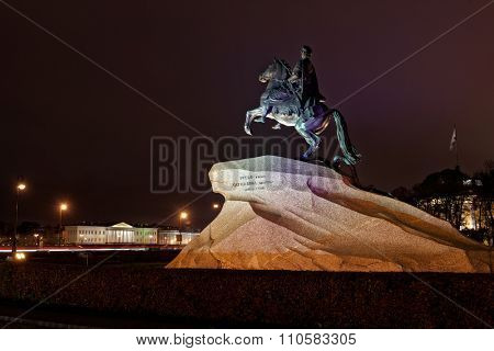 ST. PETERSBURG, RUSSIA - OCTOBER 23, 2015: Night view of the Bronze Horseman. The equestrian statue of Peter the Great was created by E. M. Falconet in 1782