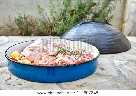 Cooking Of Traditional Balkan Turkish Bosnian Dalmatian Meal Peka In Metal Pots Called Sac Sach Or S
