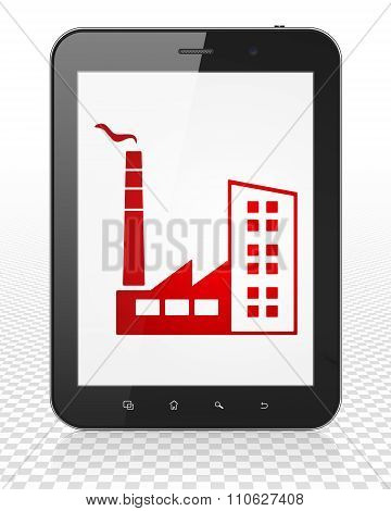 Manufacuring concept: Tablet Pc Computer with Industry Building on display