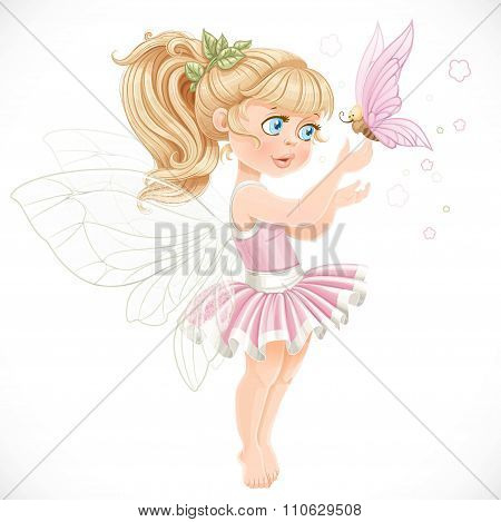 Sweet Fairy In A Pink Tutu Holding A Large Butterfly On The Finger Isolated On A White Background
