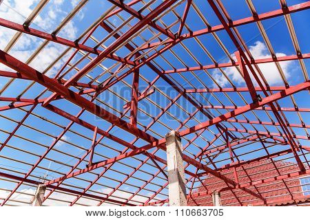 The Steel Structure Beam On Roof Of Building Residential Construction.