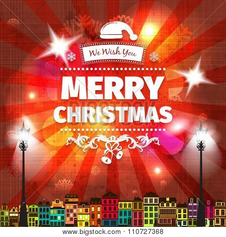 Colorful red yellow Christmas card and New Year greetings vector illustration