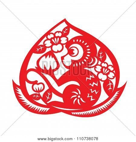 Red paper cut monkey zodiac symbol (monkey holding peach in peach)
