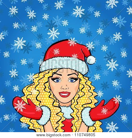 Happy Smiling Snow Maiden In Snow, Vector Pop Art Comic Style Blonde Woman In Red Costume