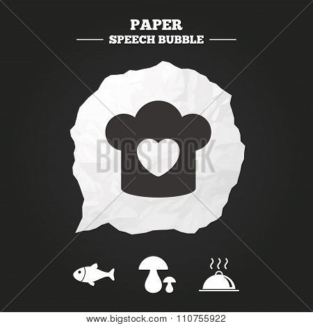 Chief hat, cooking pan icons. Fish and mushrooms